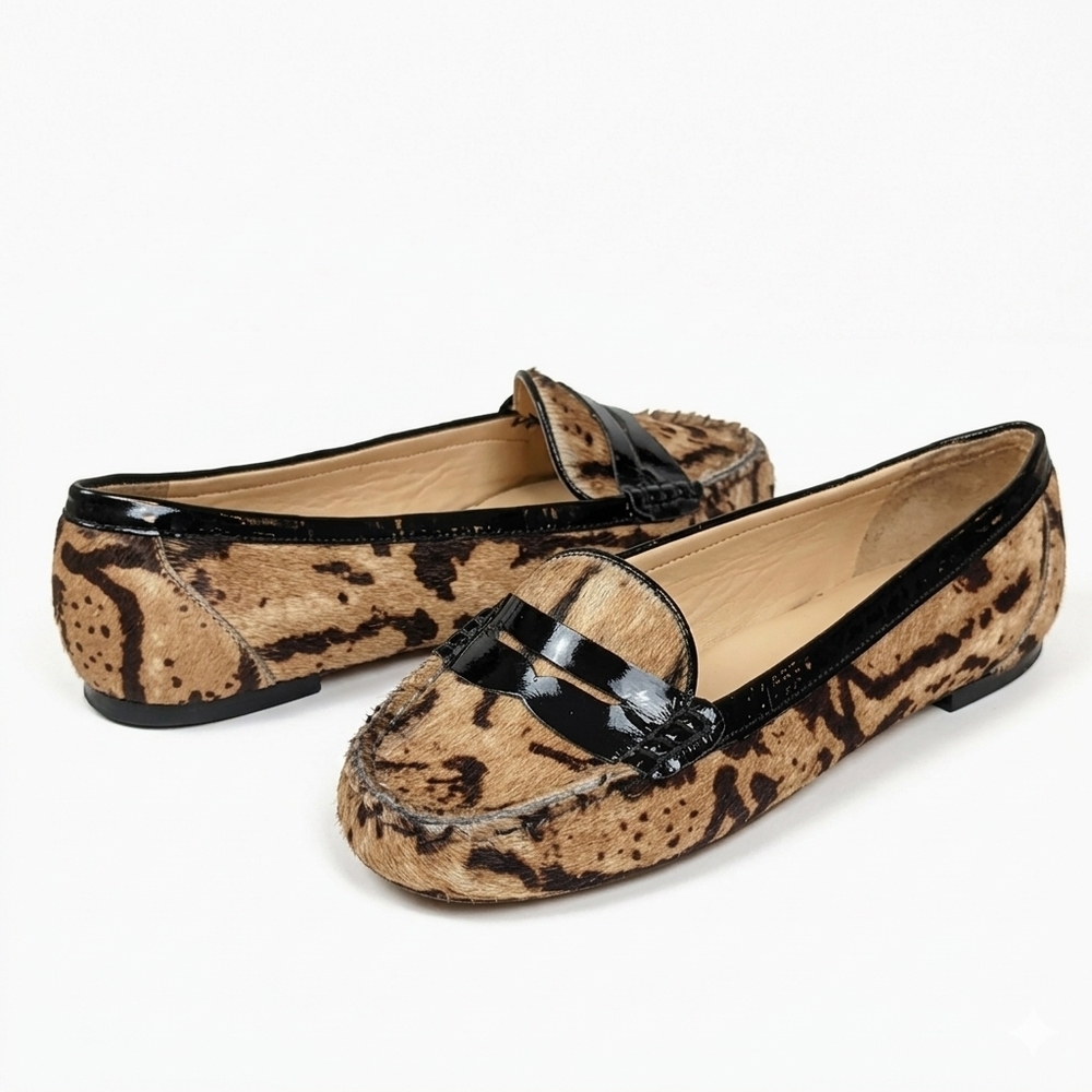 Talbots Calf Hair Leopard Print Moccasin Drivers 6W Wide Shoes Brown Black